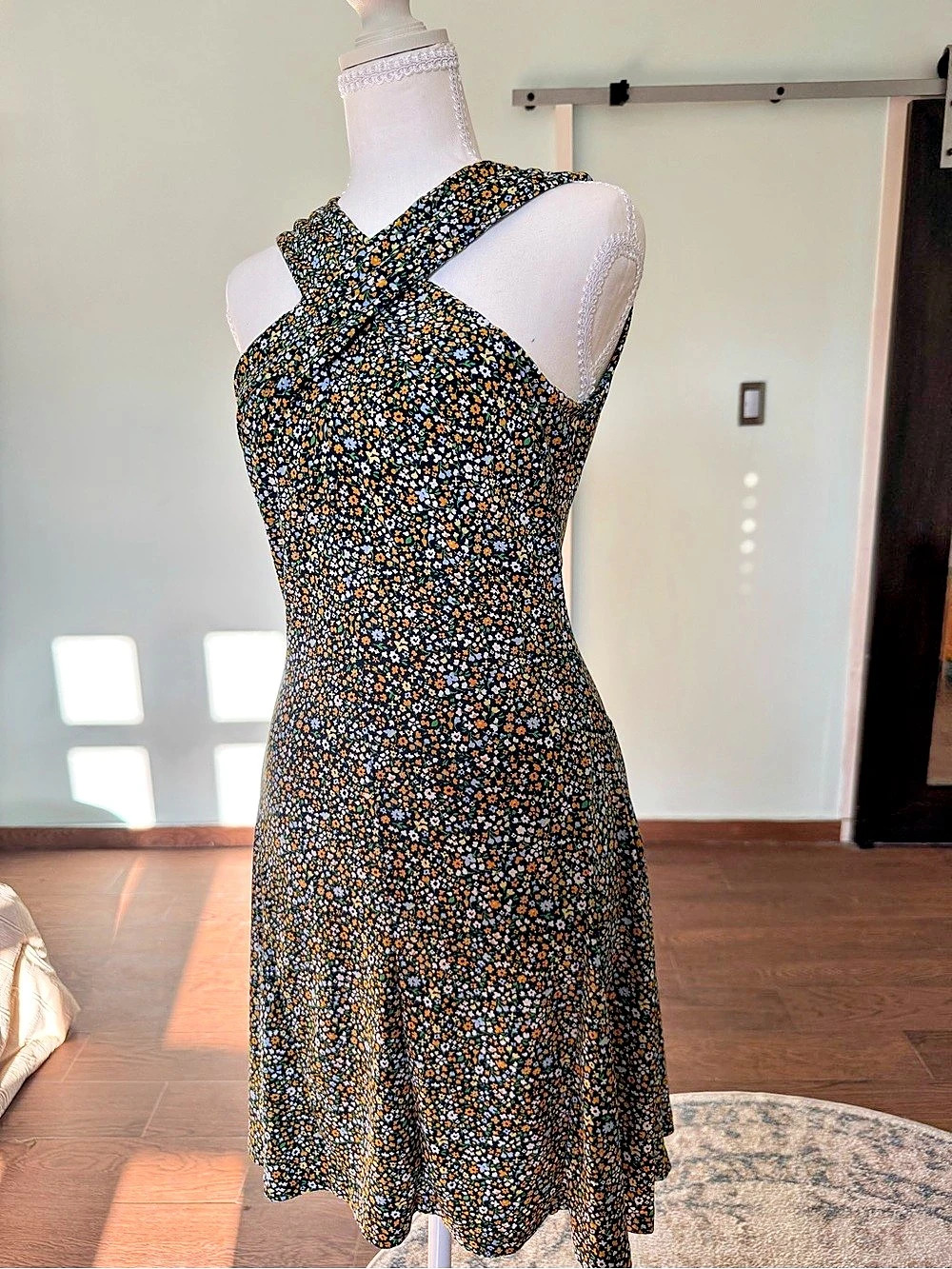 Floral Cross Neck Mini Dress in Black & Yellow Like New